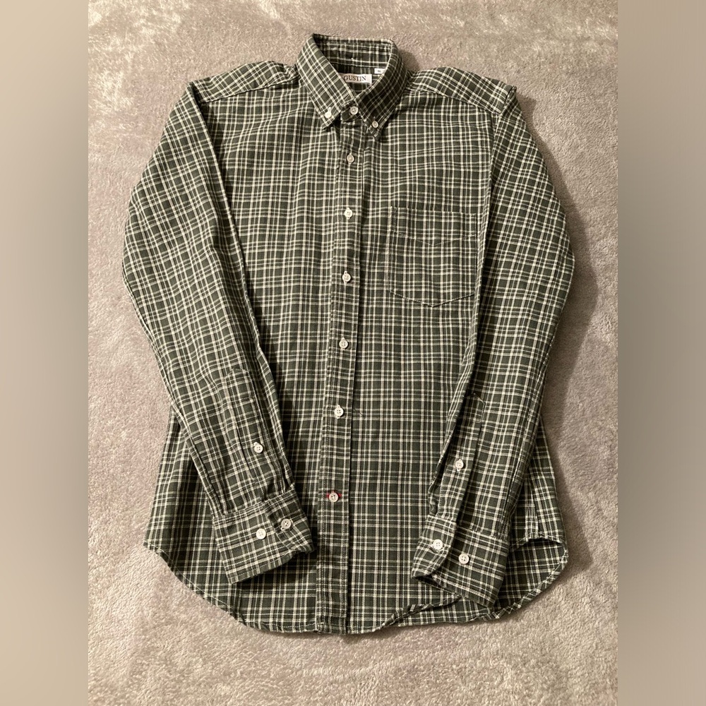 GUSTIN Men’s Slim Medium Long Sleeve  Button Down Shirt Plaid Green Casual